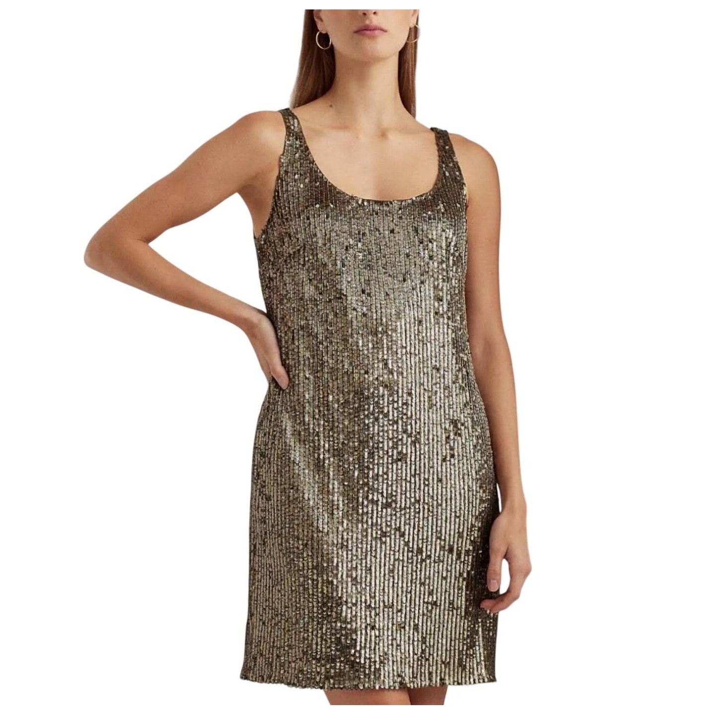 Ralph Lauren Bronze Green Cocktail Dress Sequined Scoop Neck Mini Shift Size 14